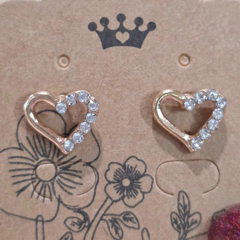 NOS Rose Gold Open HEART Rhinestone Accent Stud Pierced Earrings